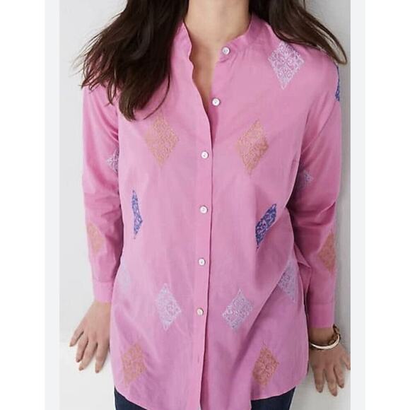 J. Jill Embroidered Button Up Tunic Top Shirt Sz XL Pink Cotton Casual Mature - Picture 1 of 9